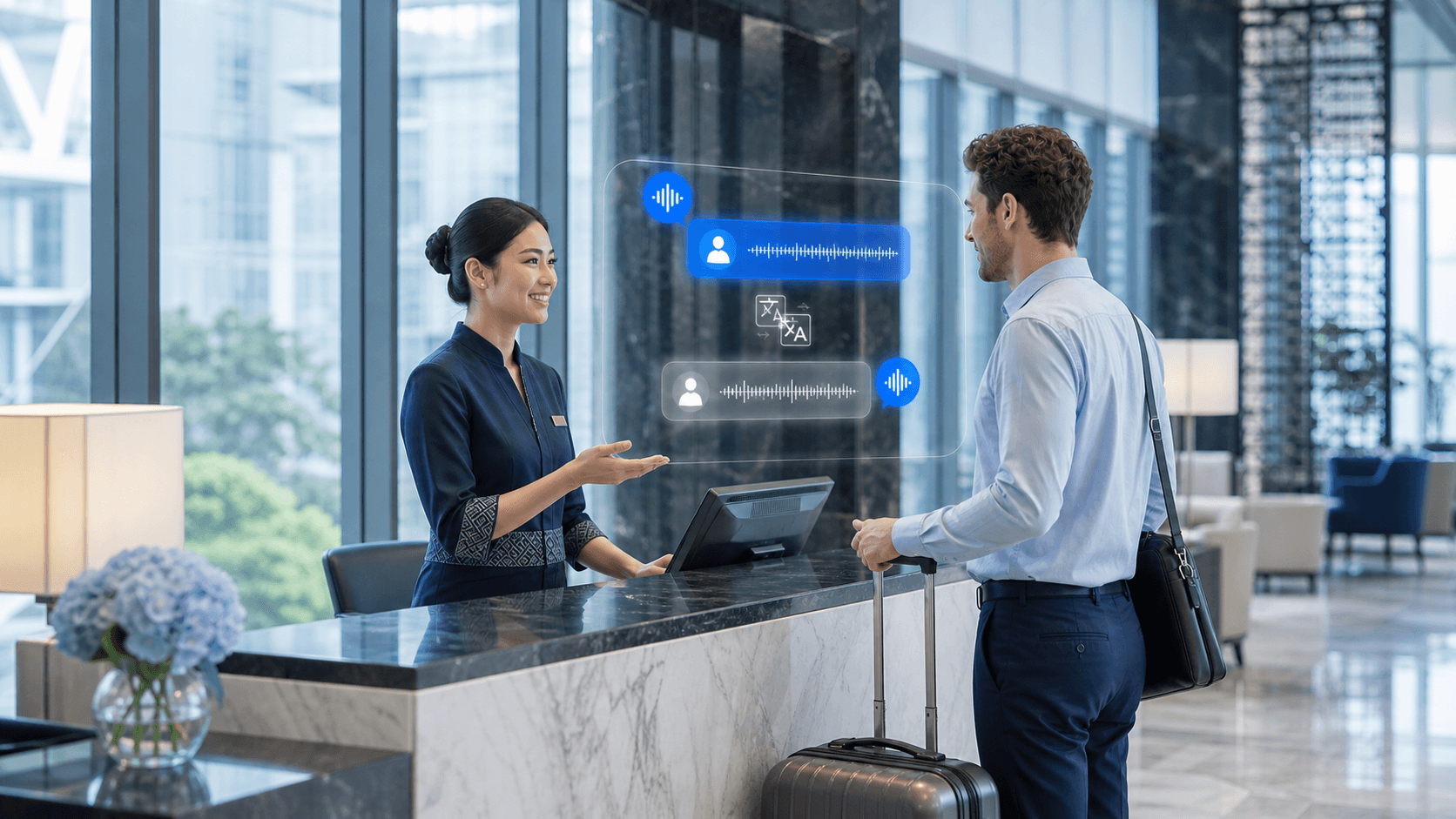 Hotel front desk is communicating with international guests via Talkinn AI