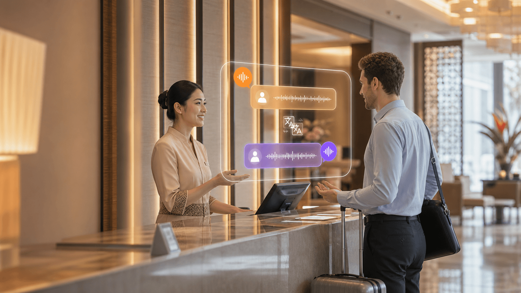 Hotel front desk is communicating with international guests via Talkinn AI